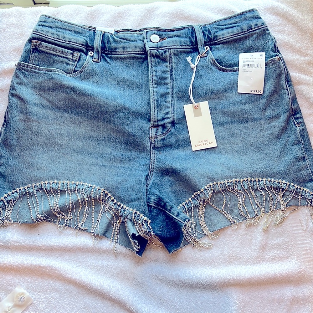 Good American Bombshell rhinestone jean shorts